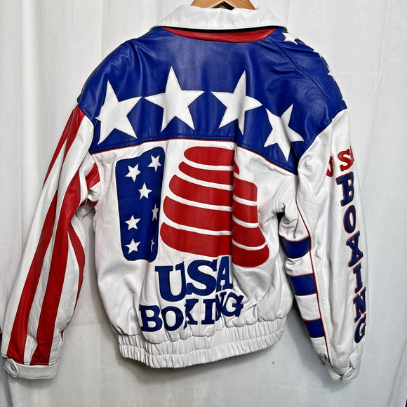 Vintage USA Boxing Leather Bomber Jacket Men's Size L Red White Blue Ringside KS - Picture 10 of 14